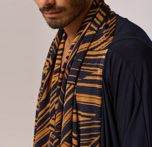 Load image into Gallery viewer, ZERØ London - Close up, mens zero waste long sleeve jersey cardigan in navy with gold geometric print designed &amp; made in London
