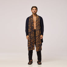 Load image into Gallery viewer, ZERØ London - Front view, mens zero waste long sleeve jersey cardigan in navy with gold geometric print designed &amp; made in London

