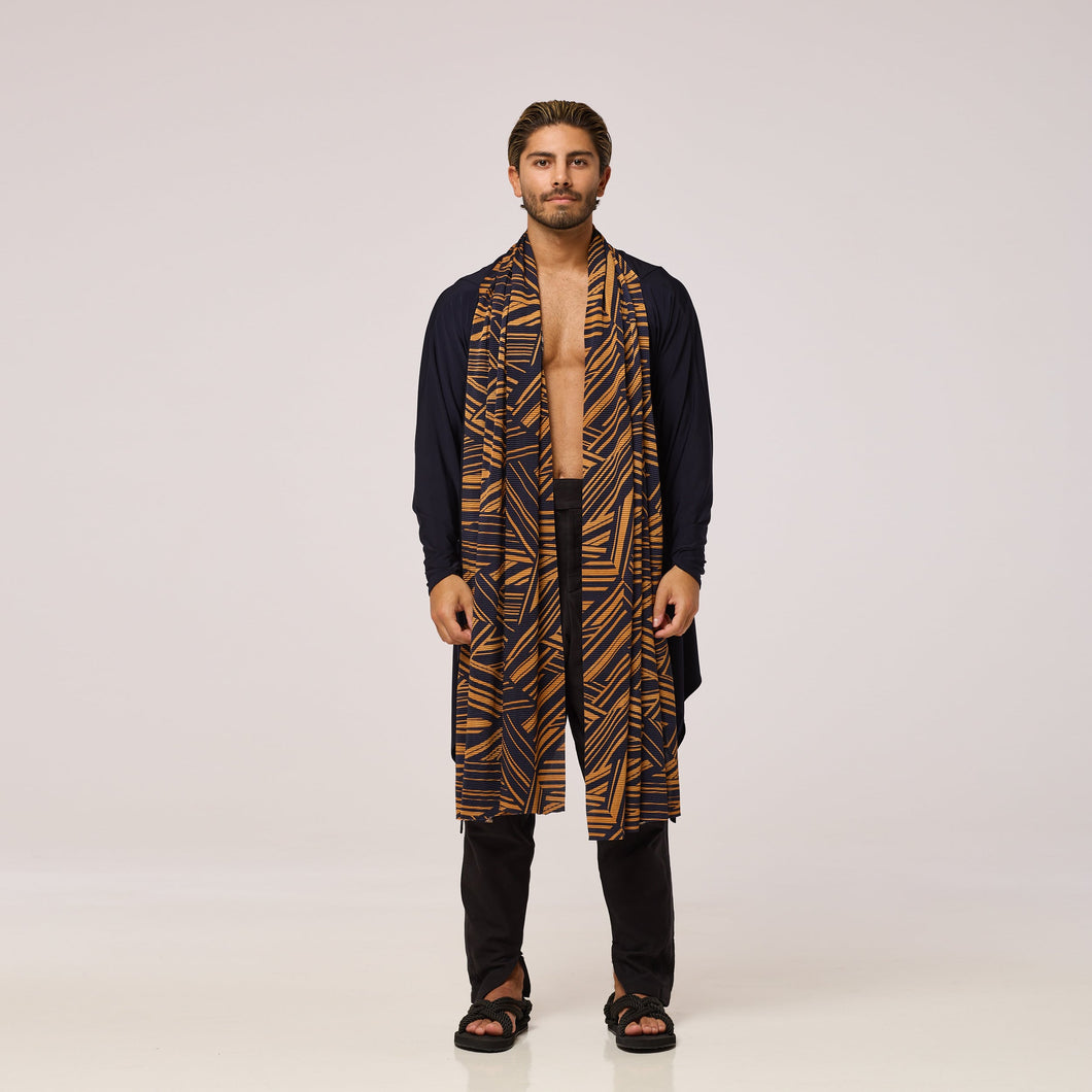 ZERØ London - Front view, mens zero waste long sleeve jersey cardigan in navy with gold geometric print designed & made in London