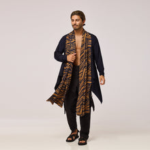 Load image into Gallery viewer, ZERØ London - Front view, mens zero waste long sleeve jersey cardigan in navy with gold geometric print designed &amp; made in London
