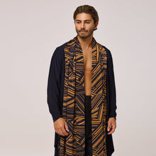 Load image into Gallery viewer, ZERØ London - Front view, mens zero waste long sleeve jersey cardigan in navy with gold geometric print designed &amp; made in London
