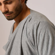Load image into Gallery viewer, ZERØ London - Close up shoulder view, mens zero waste grey jacket, designed &amp; made in London
