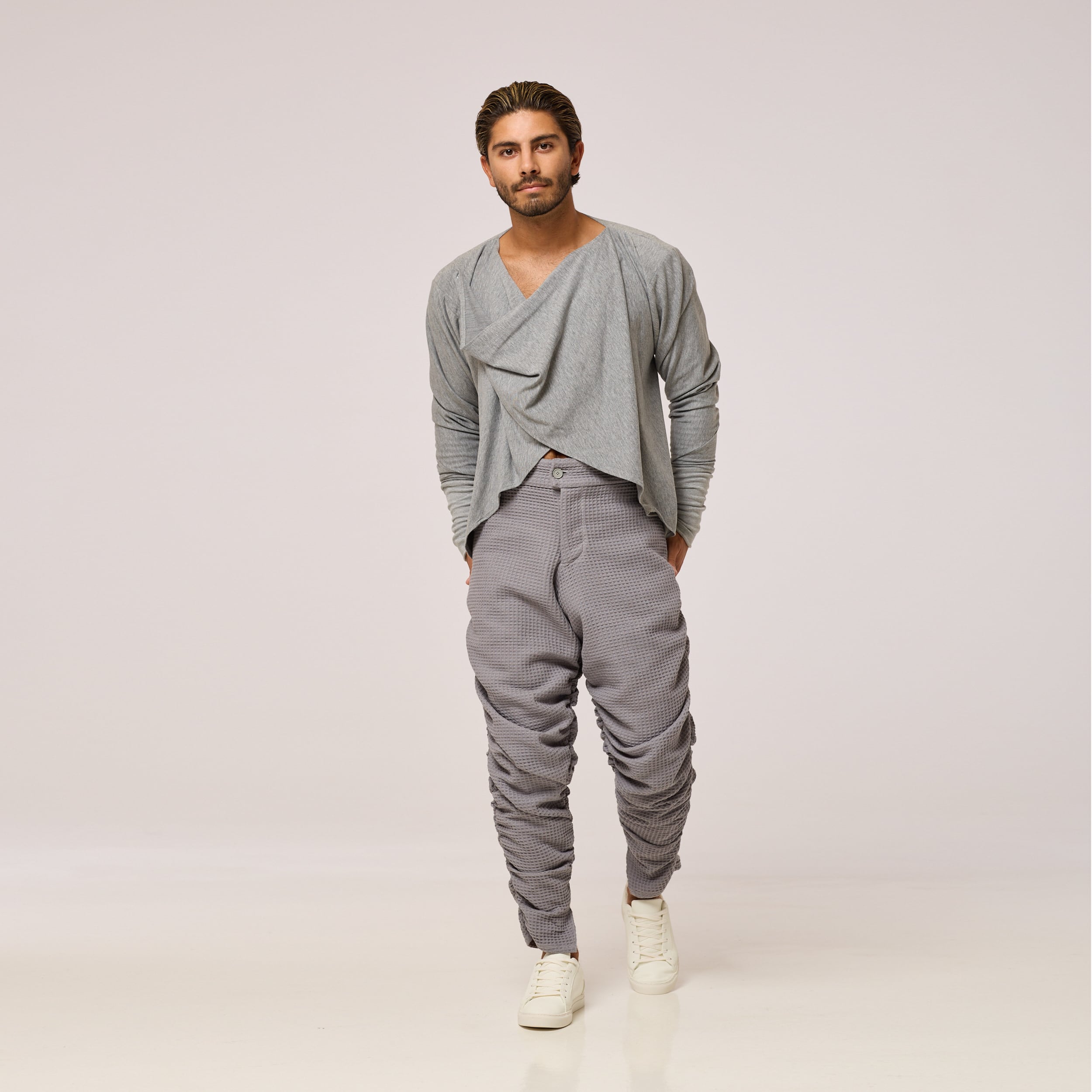ZERØ London - Front view, alternate full length view mens zero waste grey jacket, designed & made in London