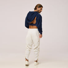 Load image into Gallery viewer, ZERØ London - Back view, mens zero waste navy cropped hoodie designed &amp; made in London
