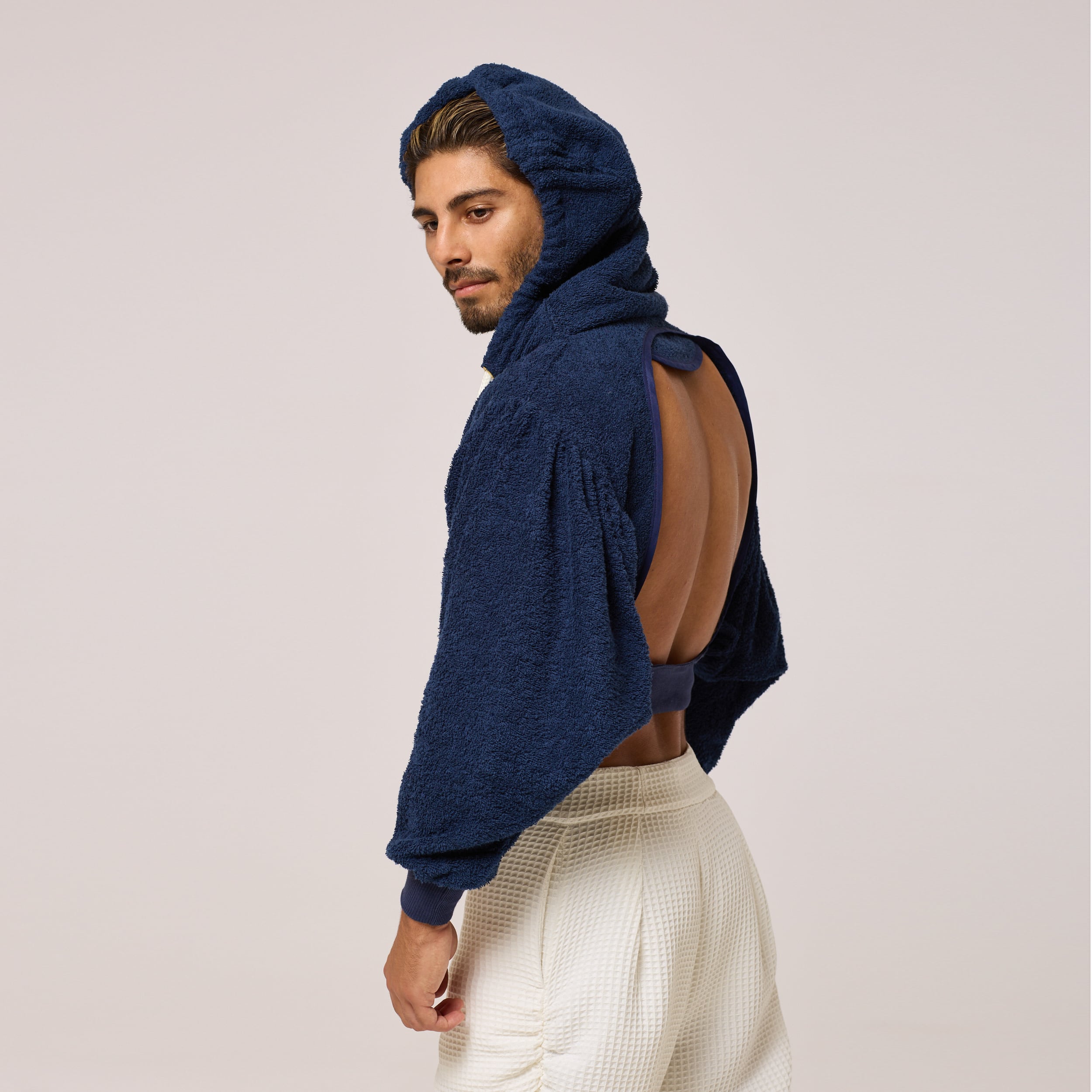ZERØ London - Side view, mens zero waste navy cropped hoodie designed & made in London