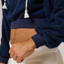 Load image into Gallery viewer, ZERØ London - Close up view, mens zero waste navy cropped hoodie designed &amp; made in London
