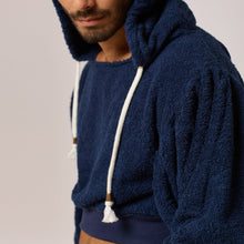 Load image into Gallery viewer, ZERØ London - Close up view, mens zero waste navy cropped hoodie designed &amp; made in London
