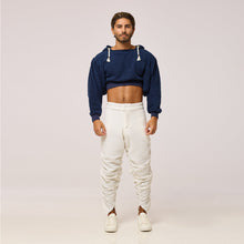 Load image into Gallery viewer, ZERØ London - Front view, mens zero waste navy cropped hoodie designed &amp; made in London
