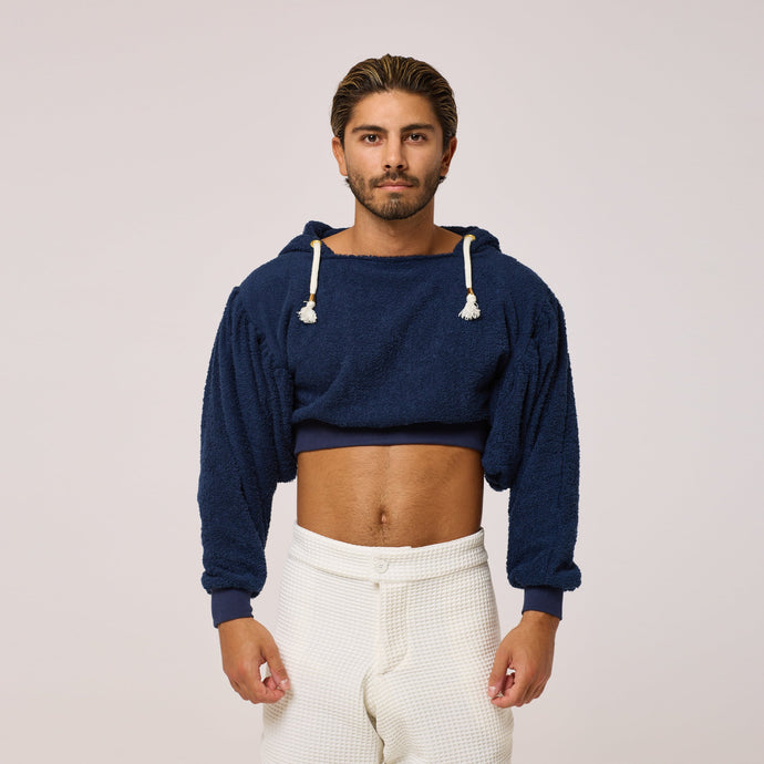 ZERØ London - Front view, mens zero waste navy cropped hoodie designed & made in London