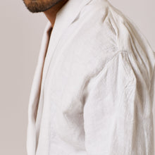 Load image into Gallery viewer, ZERØ London - Close up shoulder view, mens zero waste white shirt, designed &amp; made in London
