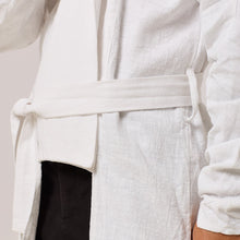 Load image into Gallery viewer, ZERØ London - Close up belt view, mens zero waste white shirt, designed &amp; made in London
