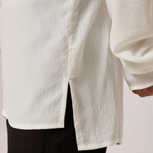Load image into Gallery viewer,   ZERØ London - Close up, white long sleeve mens zero waste shirt designed &amp; made in London
