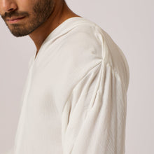 Load image into Gallery viewer,   ZERØ London - Close up, white long sleeve mens zero waste shirt designed &amp; made in London

