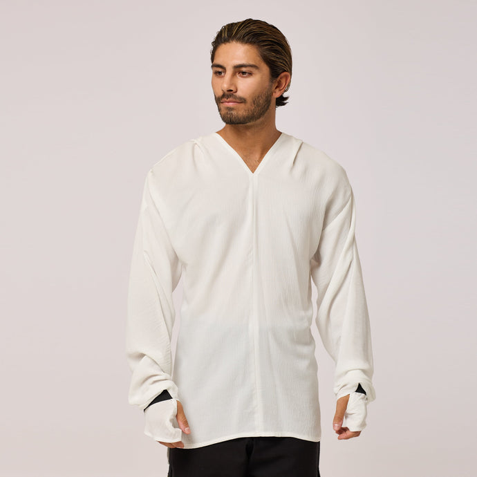   ZERØ London - Front view, white long sleeve mens zero waste shirt designed & made in London