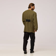 Load image into Gallery viewer,   ZERØ London - Back view, olive green long sleeve mens zero waste shirt designed &amp; made in London
