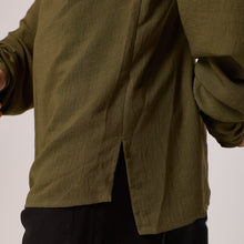 Load image into Gallery viewer,   ZERØ London - Close up view, olive green long sleeve mens zero waste shirt designed &amp; made in London
