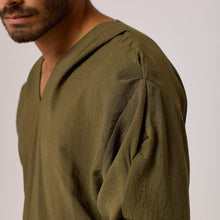 Load image into Gallery viewer, ZERØ London - Close up view, olive green long sleeve mens zero waste shirt designed &amp; made in London
