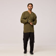 Load image into Gallery viewer,   ZERØ London - Front view, olive green long sleeve mens zero waste shirt designed &amp; made in London
