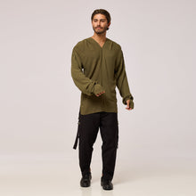 Load image into Gallery viewer,   ZERØ London - Front view, olive green long sleeve mens zero waste shirt designed &amp; made in London
