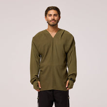 Load image into Gallery viewer,   ZERØ London - Front view, olive green long sleeve mens zero waste shirt designed &amp; made in London
