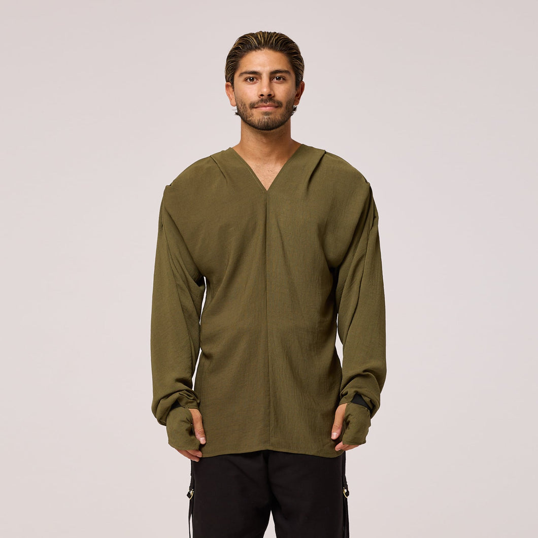   ZERØ London - Front view, olive green long sleeve mens zero waste shirt designed & made in London
