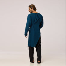 Load image into Gallery viewer, ZERØ London - Back view, mens zero waste long sleeve high/low shirt with bateau neck in teal blue, designed &amp; made in London
