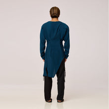 Load image into Gallery viewer, ZERØ London - Back view, mens zero waste long sleeve high/low shirt with bateau neck in teal blue, designed &amp; made in London
