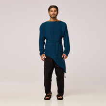 Load image into Gallery viewer, ZERØ London - Front view, mens zero waste long sleeve high/low shirt with bateau neck in teal blue, designed &amp; made in London
