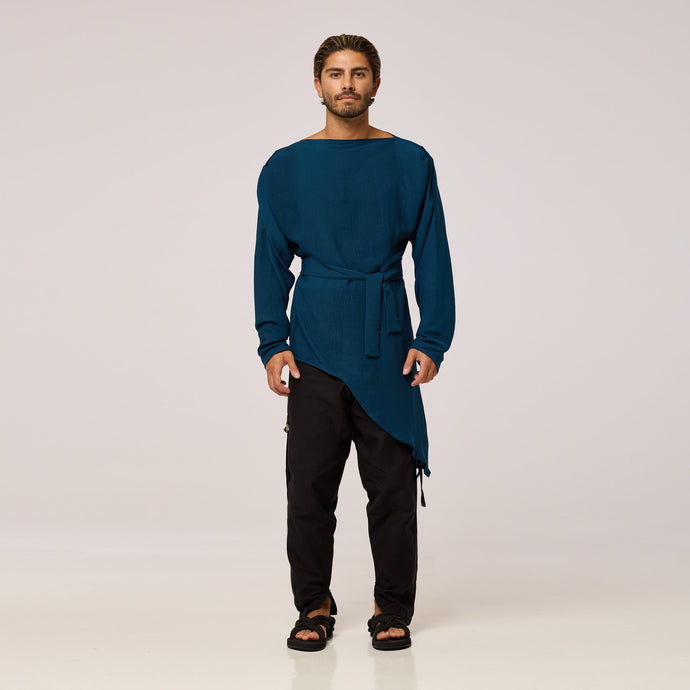 ZERØ London - Front view, mens zero waste long sleeve high/low shirt with bateau neck in teal blue, designed & made in London