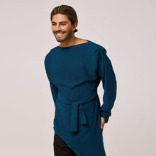 Load image into Gallery viewer, ZERØ London - Front view, mens zero waste long sleeve high/low shirt with bateau neck in teal blue, designed &amp; made in London
