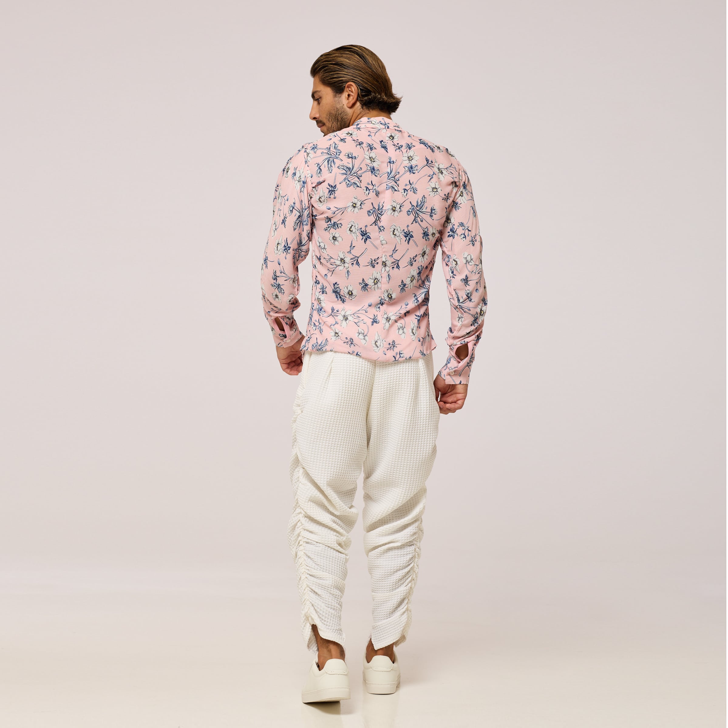 ZERØ London - Back Full Length view, Pink floral long sleeve mens zero waste shirt designed & made in London