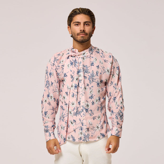 ZERØ London - Front view, Pink floral long sleeve mens zero waste shirt designed & made in London