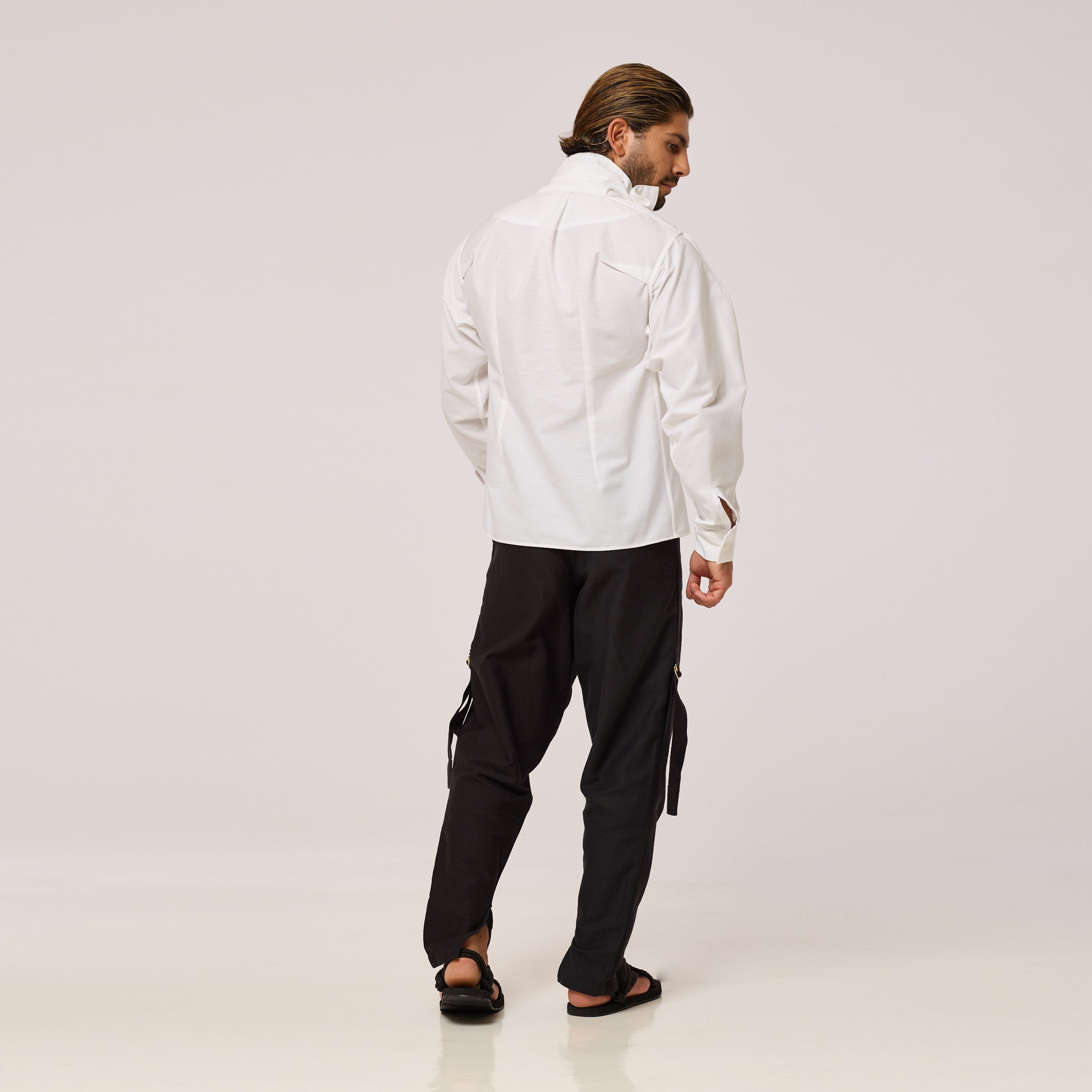 ZERØ London - Back full length view, white long sleeve mens zero waste shirt designed & made in London