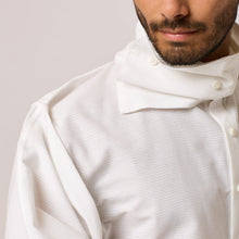 Load image into Gallery viewer, ZERØ London - Close up view, white long sleeve mens zero waste shirt designed &amp; made in London

