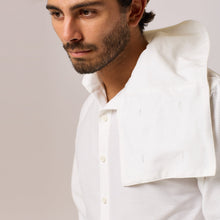 Load image into Gallery viewer, ZERØ London - Close up view, white long sleeve mens zero waste shirt designed &amp; made in London
