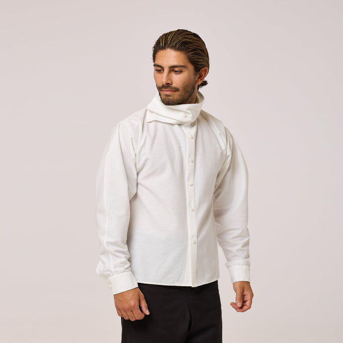 ZERØ London - Front mid length view, white long sleeve mens zero waste shirt designed & made in London