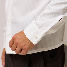 Load image into Gallery viewer, ZERØ London - Close up cuff view, mens zero waste shirt in white, designed &amp; made in London
