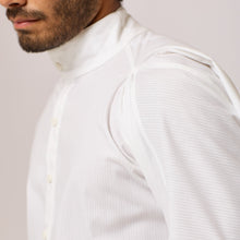Load image into Gallery viewer, ZERØ London - Close up shoulder view, mens zero waste shirt in white, designed &amp; made in London
