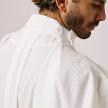 Load image into Gallery viewer, ZERØ London - Close up view, mens zero waste shirt in white, designed &amp; made in London
