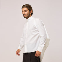 Load image into Gallery viewer, ZERØ London - Side view, mens zero waste shirt in white, designed &amp; made in London
