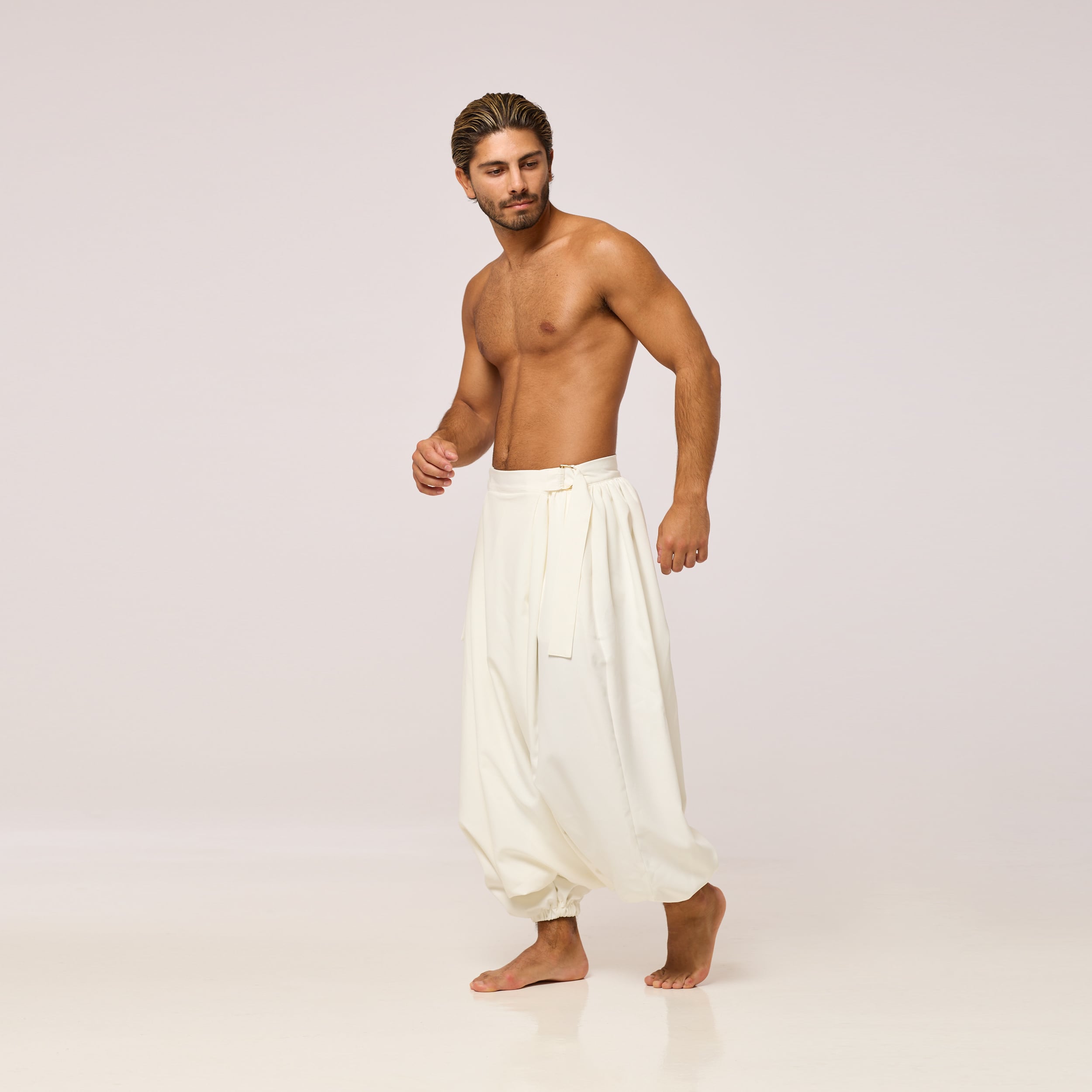 ZERØ London -  Side view, full length, mens zero waste white trouser, designed & made in London