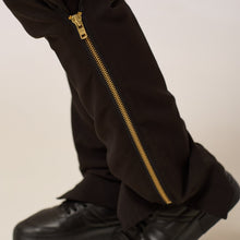 Load image into Gallery viewer, ZERØ London - Alt. close up. Mens zero waste tapered trouser with gold zips designed &amp; made in London
