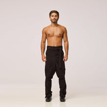 Load image into Gallery viewer, ZERØ London - Front full length view. Mens zero waste tapered trouser with gold zips designed &amp; made in London
