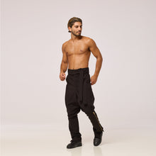 Load image into Gallery viewer, ZERØ London - Front full length view. Mens zero waste tapered trouser with gold zips designed &amp; made in London
