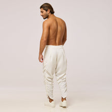 Load image into Gallery viewer, ZERØ London - Back full length view. Mens zero waste tapered trouser with gathers in white. Designed &amp; made in London
