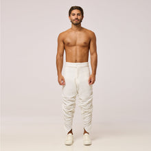 Load image into Gallery viewer, ZERØ London - Front full length view. Mens zero waste tapered trouser with gathers in white. Designed &amp; made in London
