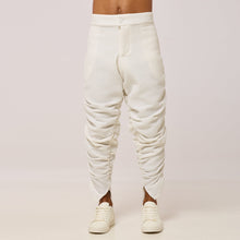 Load image into Gallery viewer, ZERØ London - Front mid-length view. Mens zero waste tapered trouser with gathers in white. Designed &amp; made in London
