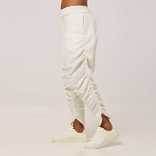 Load image into Gallery viewer, ZERØ London - Front mid-length view. Mens zero waste tapered trouser with gathers in white. Designed &amp; made in London
