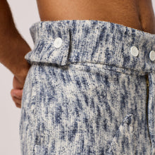 Load image into Gallery viewer, ZERØ London - Close up view, mens zero waste blue trouser, designed &amp; made in London
