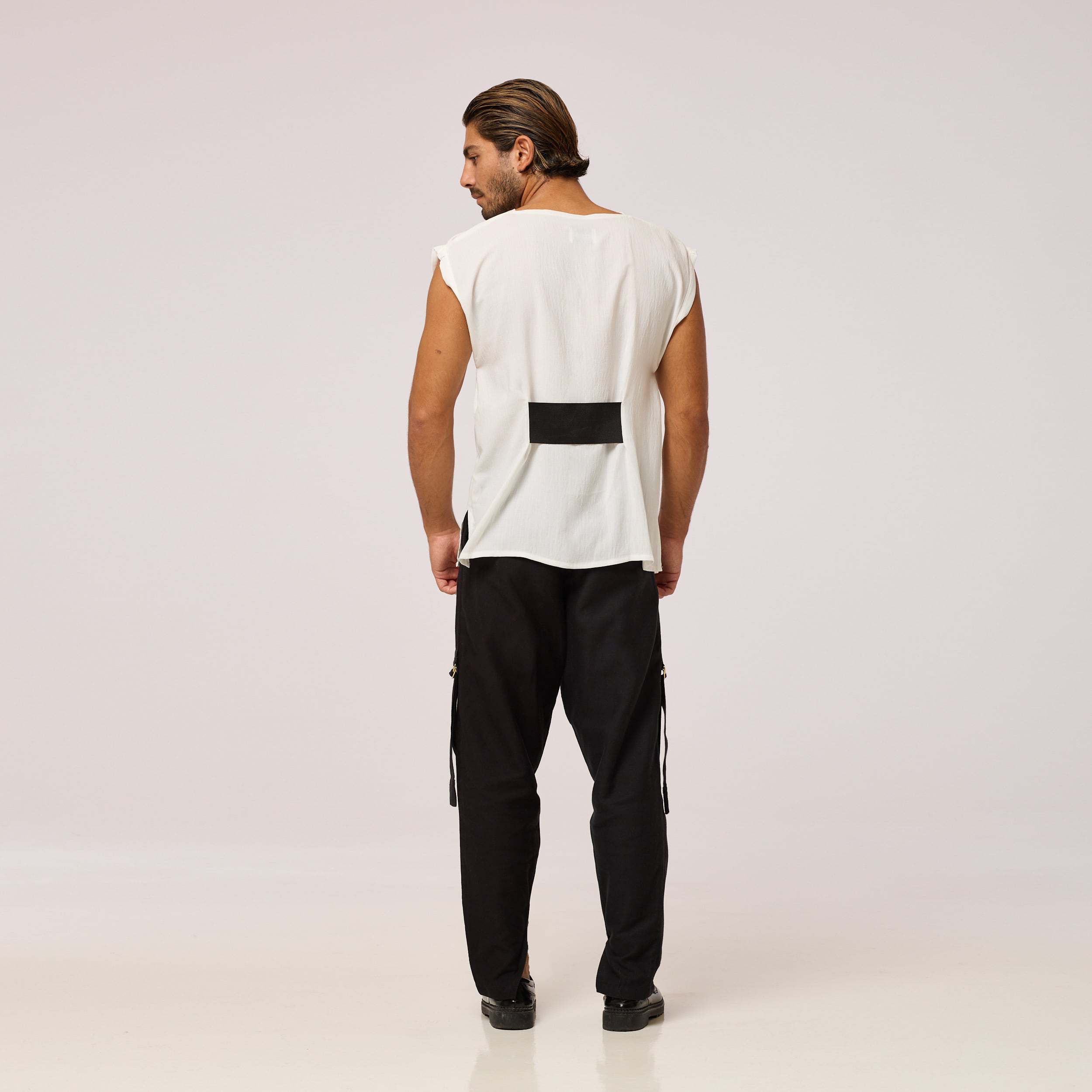   ZERØ London - Back View, White mens zero waste vest designed & made in London